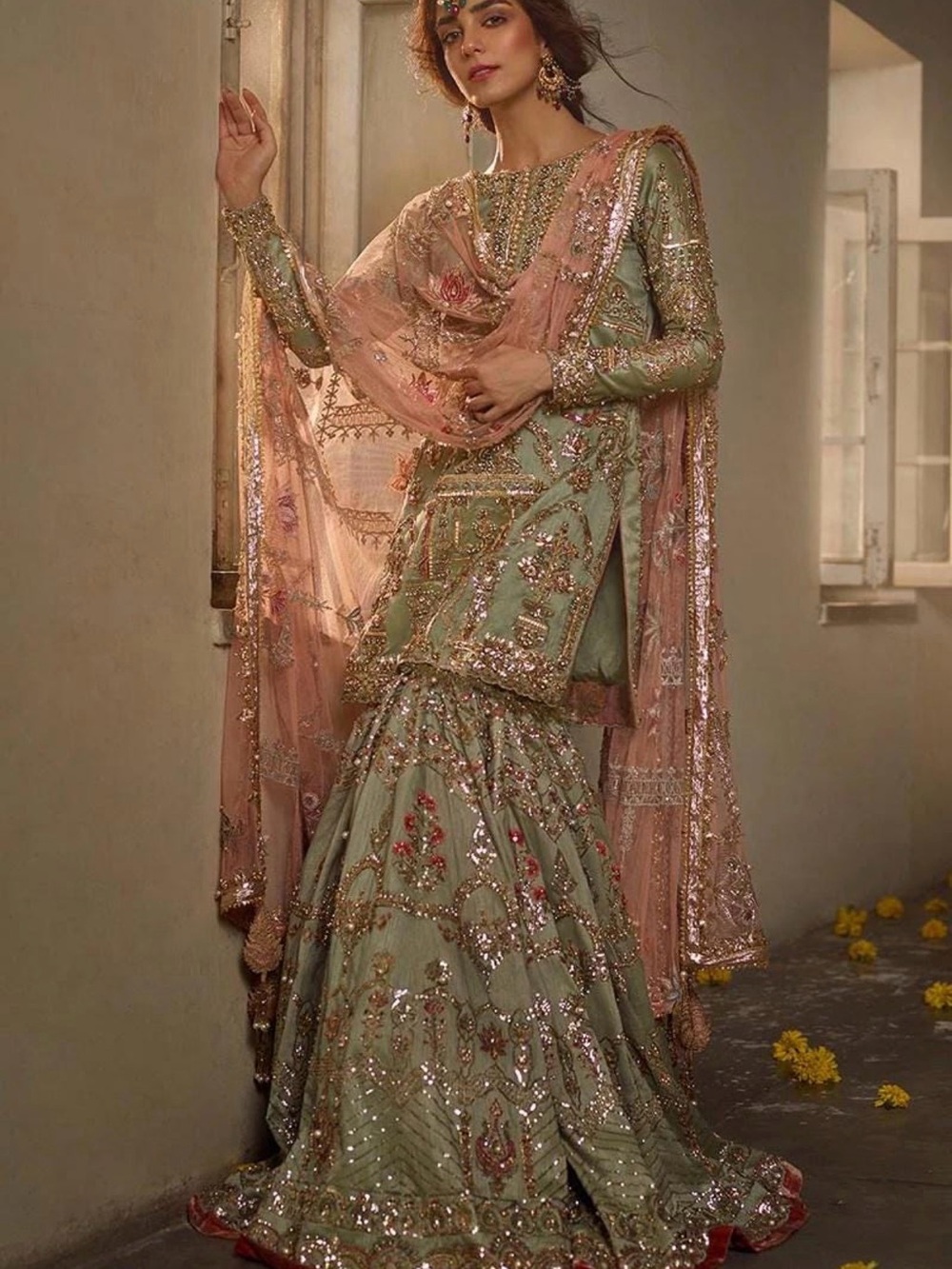 Sage and pink Pakistani shalwar kameez